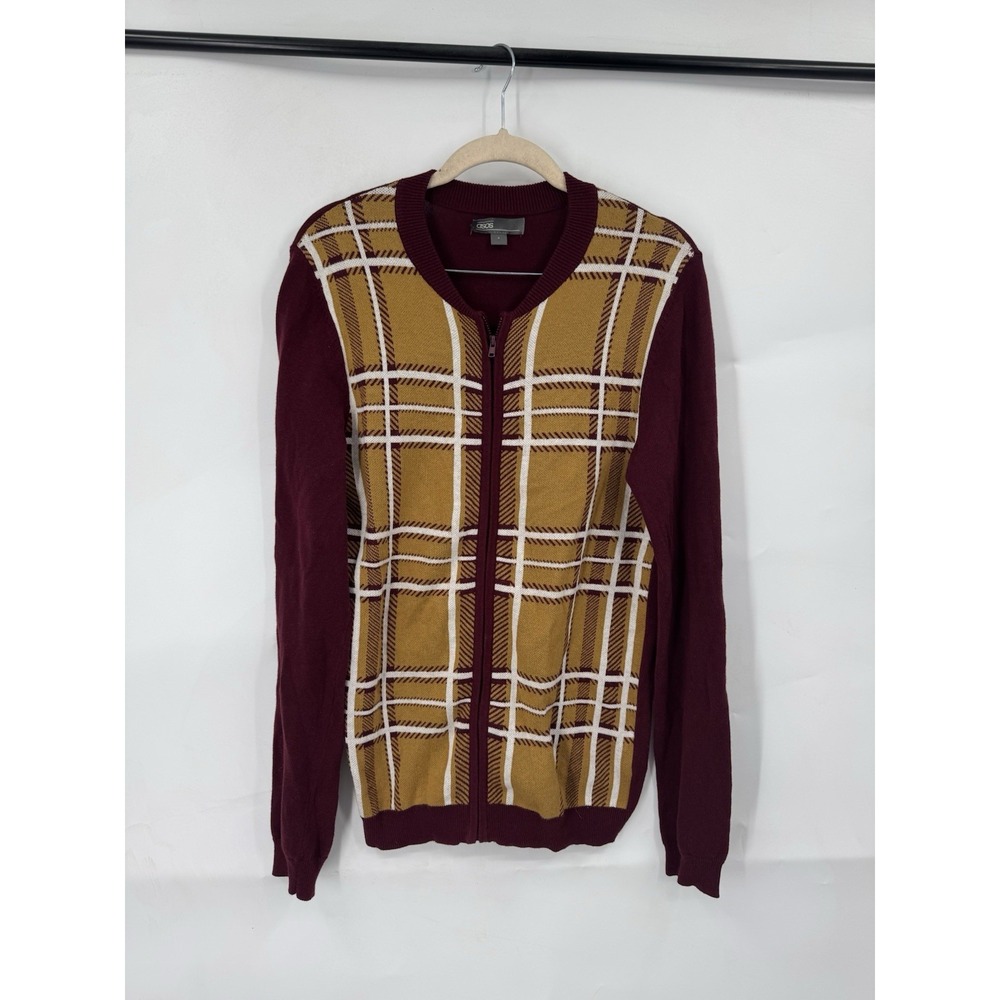 ASOS Plaid Preppy Full Zip Sweater Women Small Burgundy Golf Club